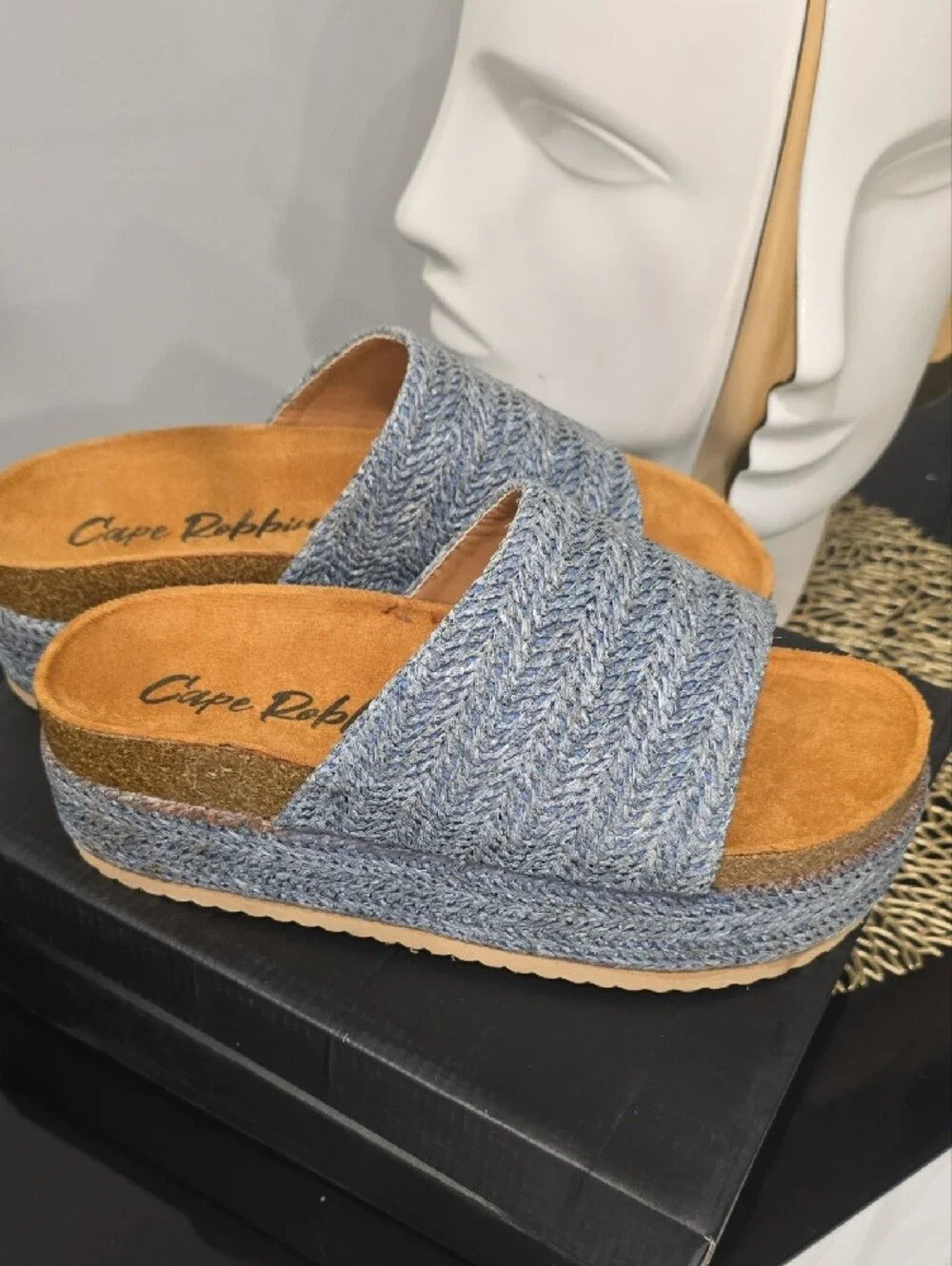 Cape Robbin Denim Blue Woven Platform Slides